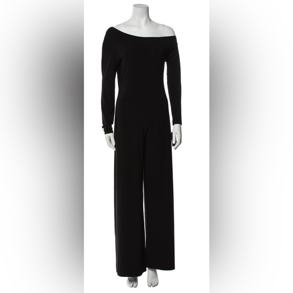 NORMA KAMALI Long Sleeve Drop Shoulder Black Slinky Jersey Jumpsuit EUC Size L - Picture 10 of 11
